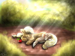 Size: 1000x750 | Tagged: dead source, safe, artist:haunthid, applejack, winona, dog, earth pony, pony, g4, apple, cute, female, lying down, mare, pet, sleeping