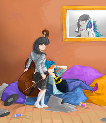 Size: 1280x1482 | Tagged: safe, artist:n4th4niel, dj pon-3, octavia melody, vinyl scratch, human, g4, batman, cello, clothes, duo, female, humanized, musical instrument, skirt