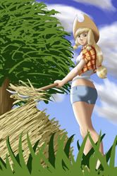 Size: 1364x2054 | Tagged: safe, artist:xeolan, applejack, human, g4, applebutt, ass, blonde hair, boots, butt, clothes, cottagecore, cowboy boots, cowboy hat, cowgirl, denim shorts, duo, feet, freckles, green eyes, hat, humanized, legs, low angle, outdoors, rear view, shoes, shorts, straw, tomboy, tree