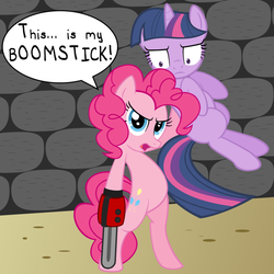Size: 900x900 | Tagged: dead source, safe, artist:lapis-lazily, pinkie pie, twilight sparkle, earth pony, pony, unicorn, g4, army of darkness, ash williams, bipedal, chainsaw, crossover, evil dead, parody, this is my boomstick