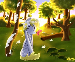 Size: 3972x3318 | Tagged: safe, artist:walliscolours, derpy hooves, butterfly, pegasus, pony, g4, eyes closed, female, floral head wreath, flower, flower in hair, forest, high res, insect on nose, mare, sitting, smiling, solo