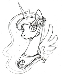 Size: 1280x1571 | Tagged: safe, artist:capcauna, princess luna, alicorn, pony, gamer luna, g4, bust, female, grayscale, headset, looking at you, mare, monochrome, sketch, solo, spread wings, three quarter view, traditional art, wings