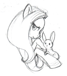 Size: 1096x1243 | Tagged: safe, artist:capcauna, angel bunny, fluttershy, pegasus, pony, rabbit, g4, animal, bust, duo, female, grayscale, looking at you, mare, monochrome, pencil drawing, profile, sketch, traditional art