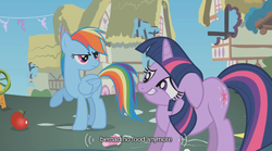 Size: 640x355 | Tagged: safe, screencap, rainbow dash, twilight sparkle, pegasus, unicorn, g4, horn, youtube caption