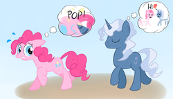 Size: 1260x720 | Tagged: safe, artist:hip-indeed, pinkie pie, pokey pierce, earth pony, pony, unicorn, g4, balloon, balloon popping, duo, female, greatest fear, heart, male, mare, party balloon, ship:pokeypie, shipping, stallion, straight