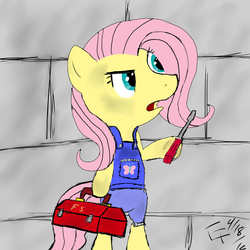 Size: 2300x2300 | Tagged: safe, artist:wonder-waffle, fluttershy, pegasus, pony, g4, bipedal, clothes, high res, magnetic hooves, overalls, pink hair, pink mane, pink tail, screwdriver, solo, tail, teal eyes, toolbox, yellow coat, yellow fur, yellow pony