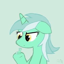 Size: 2300x2300 | Tagged: safe, artist:wonder-waffle, lyra heartstrings, pony, unicorn, g4, female, floppy ears, golden eyes, gray background, high res, looking at something, simple background, solo, teal coat, teal fur, teal hair, teal mane, teal pony, toy, two toned hair, two toned mane, unamused