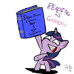 Size: 1600x1600 | Tagged: safe, artist:wonder-waffle, twilight sparkle, pony, unicorn, g4, bipedal, book, female, mare, simple background, solo, that pony sure does love books, white background