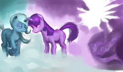 Size: 1003x590 | Tagged: safe, artist:idlecum, trixie, twilight sparkle, g4