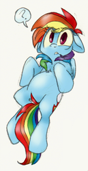 Size: 400x777 | Tagged: safe, artist:xenon, rainbow dash, pegasus, pony, g4, belly, bellyrubs, cute, digitally colored, female, question mark, simple background, solo, white background