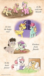 Size: 1150x2000 | Tagged: safe, artist:muffinshire, carrot cake, cup cake, daisy, flower wishes, lily, lily valley, liza doolots, nurse redheart, petunia, pound cake, pumpkin cake, roseluck, tootsie flute, truffle shuffle, earth pony, pony, g4, colt, flower trio, hospital, male, poem, stallion, valentine, watering can