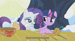 Size: 500x277 | Tagged: safe, screencap, rarity, twilight sparkle, g4, nest, youtube caption