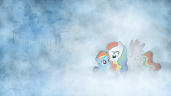 Size: 1920x1080 | Tagged: safe, artist:jamey4, rainbow dash, oc, oc:raindrop, g4, duo, filly, mother, mother and daughter, parent, rainbow mom, wallpaper