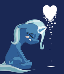 Size: 950x1100 | Tagged: safe, artist:jakneurotic, trixie, pony, unicorn, g4, blue background, crying, female, floppy ears, heart, magic, mare, missing accessory, sad, simple background, sitting, solo, the sad and depressive trixie