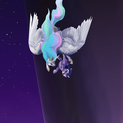 Size: 2000x2000 | Tagged: safe, artist:sessalisk, princess celestia, twilight sparkle, g4, :<, duo, falling, flying, frown, high res, smiling, spread wings