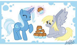 Size: 1958x1158 | Tagged: safe, artist:bethwhowishes, derpy hooves, trixie, pegasus, pony, g4, female, happy, mare, muffin