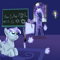 Size: 1200x1200 | Tagged: safe, artist:sessalisk, twilight sparkle, twilight velvet, pony, unicorn, g4, butt, candle, chalkboard, female, levitation, magic, mare, mare in the moon, moon, plot, scissors, telekinesis