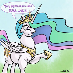 Size: 640x640 | Tagged: safe, artist:giantmosquito, princess celestia, pony, g4, cake, cakelestia, chubbylestia, double chin, fat, female, newbie artist training grounds, solo