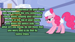Size: 1280x720 | Tagged: safe, edit, edited screencap, screencap, pinkie pie, earth pony, pony, baby cakes, g4, bronyetiquette, diaper, diaper on head, female, frown, impact font, indoors, mare, meta, non-baby in diaper, open mouth, parody, solo, standing, wat