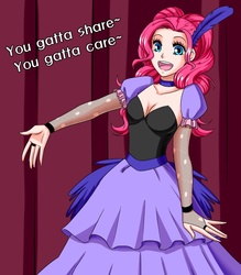Size: 700x800 | Tagged: dead source, safe, artist:apzzang, pinkie pie, human, g4, over a barrel, breasts, choker, cleavage, clothes, cute, diapinkes, feather, female, fingerless elbow gloves, humanized, open mouth, puffy sleeves, saloon pinkie, solo
