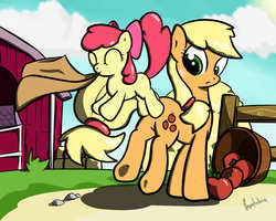 Size: 2500x2000 | Tagged: safe, artist:imkokra, apple bloom, applejack, g4, accessory swap, accessory theft, apple, hay bale, high res