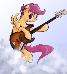 Size: 3000x3300 | Tagged: safe, artist:dovne, scootaloo, pony, g4, bass guitar, cloud, cloudy, female, flower, flower in hair, flying, guitar, high res, looking at you, musical instrument, scootabass, scootaloo can fly, smiling, solo