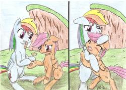 Size: 2336x1664 | Tagged: safe, artist:stardustchild01, rainbow dash, scootaloo, g4, bandaid, crying, hug, injured, scootalove