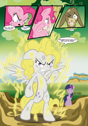 Size: 649x929 | Tagged: safe, artist:bronycurious, cranky doodle donkey, pinkie pie, surprise, twilight sparkle, donkey, earth pony, pony, unicorn, g1, g4, bipedal, comic, dragon ball, dragon ball z, g1 to g4, generation leap, hotblooded pinkie pie, namek, super saiyan