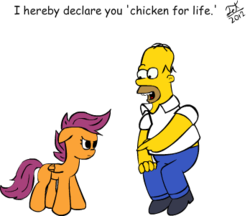 Size: 348x300 | Tagged: safe, artist:jetpackclam, scootaloo, human, pegasus, pony, g4, crossover, female, filly, foal, homer simpson, male, scootachicken, simple background, the simpsons, transparent background