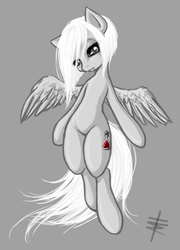 Size: 900x1253 | Tagged: safe, artist:tt-n, oc, oc only, oc:eir, pegasus, pony, vampire, bipedal, grayscale, looking at you, monochrome, partial color, solo, windswept mane