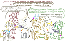 Size: 848x540 | Tagged: safe, artist:weaver, discord, oc, deer, dragon, gazelle, griffon, pegasus, pony, sea serpent, g4, and that's how discord was made, dialogue, elements of harmony, fusion, imminent fusion, origins, reverse fusion, sacrifice, sad, simple background, weaver you magnificent bastard, white background