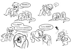 Size: 1263x842 | Tagged: safe, artist:shuffle001, fluttershy, rainbow dash, pegasus, pony, g4, 2011, anatomically incorrect, comic, crying, description in comments, flutterbuse, incorrect leg anatomy, lineart, out of character, rainbow douche, sad