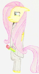 Size: 564x1071 | Tagged: safe, artist:dragoon, fluttershy, pony, g4, bipedal, clothes, female, floppy ears, flower, hoof hold, mare, profile, rose, solo, standing, suit, traditional art