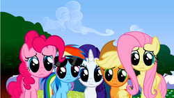 Size: 1280x720 | Tagged: safe, screencap, applejack, fluttershy, pinkie pie, rainbow dash, rarity, g4, big eyes, cute, sunglasses