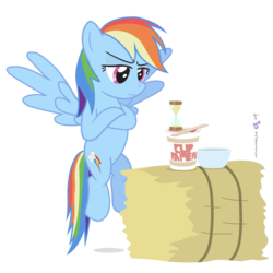 Size: 1200x1200 | Tagged: safe, artist:dm29, rainbow dash, pegasus, pony, g4, chopsticks, crossed arms, cup noodles, female, flying, hay bale, hourglass, impatient, instant noodles, mare, ramen, simple background, solo, spread wings, steam, transparent background, wings