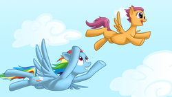 Size: 2353x1324 | Tagged: safe, artist:poniker, rainbow dash, scootaloo, g4, scootaloo can fly, scootalove