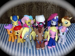 Size: 1024x768 | Tagged: safe, artist:macx5, apple bloom, derpy hooves, doctor whooves, donut joe, fluttershy, photo finish, powder rouge, rarity, scootaloo, sweetie belle, time turner, earth pony, pony, g4, brushable, customized toy, irl, photo, rose tyler, toy