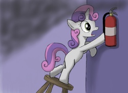 Size: 1920x1408 | Tagged: safe, artist:werdkcub, sweetie belle, pony, unicorn, g4, female, filly, fire extinguisher, open mouth, smoke, solo, stool