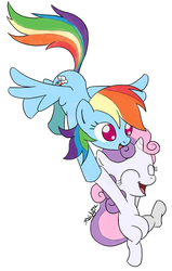 Size: 786x1239 | Tagged: artist needed, source needed, safe, artist:arudon, rainbow dash, sweetie belle, pegasus, pony, unicorn, g4, blank flank, cute, duo, duo female, eyes closed, female, filly, flying, foal, holding a pony, mare, simple background, white background