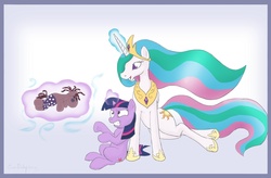 Size: 1352x888 | Tagged: safe, artist:dreigun, princess celestia, smarty pants, twilight sparkle, g4, filly