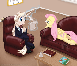 Size: 1197x1036 | Tagged: safe, artist:hollowzero, fluttershy, oc, oc:pearly gates, alicorn, pony, g4, alicorn oc, couch, crying, quill, therapist