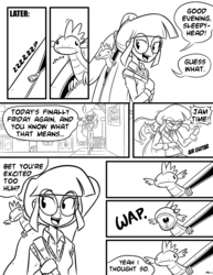 Size: 1280x1656 | Tagged: dead source, safe, artist:megasweet, spike, twilight sparkle, human, lizard, reptile, g4, black and white, canter girls, comic, dialogue, grayscale, humanized, monochrome, speech bubble, wap
