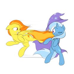 Size: 1000x1000 | Tagged: safe, artist:theparagon, spitfire, trixie, pegasus, pony, unicorn, g4, cape, clothes, duo, duo female, female, hat, mare, simple background, speed lines, transparent background, trixie's cape, trixie's hat