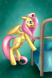 Size: 1728x2592 | Tagged: safe, artist:tzelly-el, fluttershy, pegasus, pony, g4, bandage, bed, bipedal leaning, female, floppy ears, flutternurse, hat, looking at someone, mare, mouth hold, nurse, nurse hat, solo, spread wings, wings