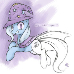 Size: 900x900 | Tagged: safe, artist:soulspade, trixie, pony, unicorn, g4, cape, clothes, dialogue, drawn into existence, female, hat, looking at you, mare, signature, sketch, solo, trixie's cape, trixie's hat