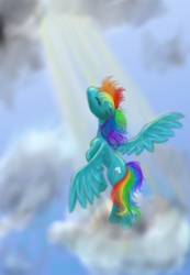 Size: 1800x2600 | Tagged: safe, artist:jenniferelluin, rainbow dash, pegasus, pony, g4, cloud, crepuscular rays, eyes closed, female, looking up, mare, on a cloud, rearing, sky, solo, spread wings, wings