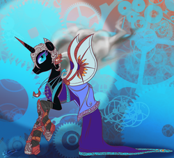 Size: 825x750 | Tagged: safe, artist:bunnimation, nightmare moon, alicorn, pony, g4, clothes, dress, female, mare, solo, steampunk