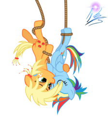 Size: 8000x8960 | Tagged: safe, artist:nightmaremoons, applejack, rainbow dash, earth pony, pegasus, pony, g4, absurd resolution, alternate hairstyle, duo, female, hug, kiss on the lips, kissing, lesbian, mare, rope, ship:appledash, shipping, simple background, transparent background, upside down