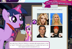 Size: 885x599 | Tagged: safe, princess cadance, twilight sparkle, alicorn, human, pony, unicorn, g4, britney spears, carson daily, christina aguilera, eminem, female, fred durst, irl, irl human, jewelry, limp bizkit, lyrics joke, magic, male, mare, photo, regalia, slim shady, unicorn twilight, wedding planner