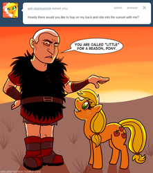 Size: 709x802 | Tagged: safe, applejack, earth pony, human, pony, g4, ask, asklord-caesar, caesar (fallout), duo, fallout: new vegas, female, male, man, mare, speech bubble, tumblr